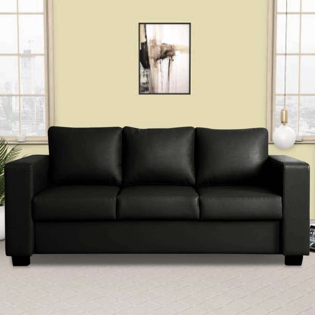 FURNY Harley 3 Seater Leatherette Sofa Set (Black) 1
