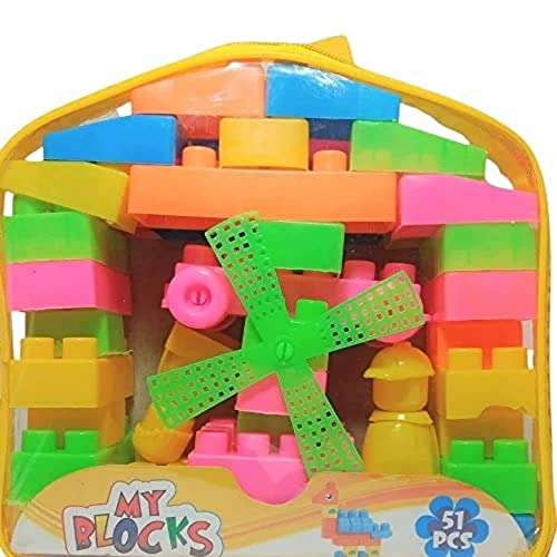 A.M. TOYS Building Block with Wheels | Puzzle Assemble Indoor Brain Game Creative Activity Educational Learning Train Bricks Blocks for Kids Increase Skill of Children (1 Packet - 51 Pcs), Multicolor 1