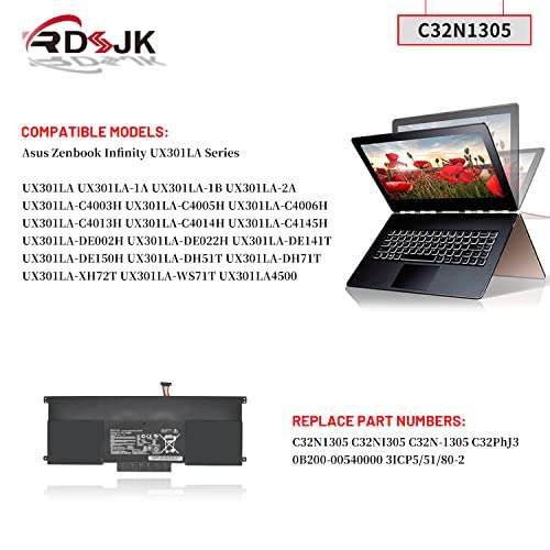 C32N1305 Laptop Battery for Asus Zenbook Infinity UX301L UX301LA UX301LA-1A UX301LA-1B UX301LA-2A UX301LA-C4003H C4005H C4006H C4013H C4014H XH72T DH71T DH51T WS71T UX301LA4500 C32NI305 11.1V 50Wh 3