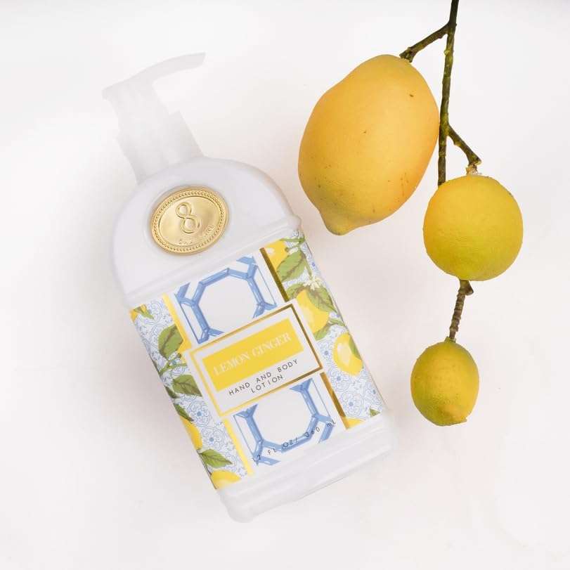 8 Oak Lane, Lemon Ginger, 12oz hand and body lotion, a delightful blend of zesty lemon, warm ginger, & invigorating citrus notes. 4