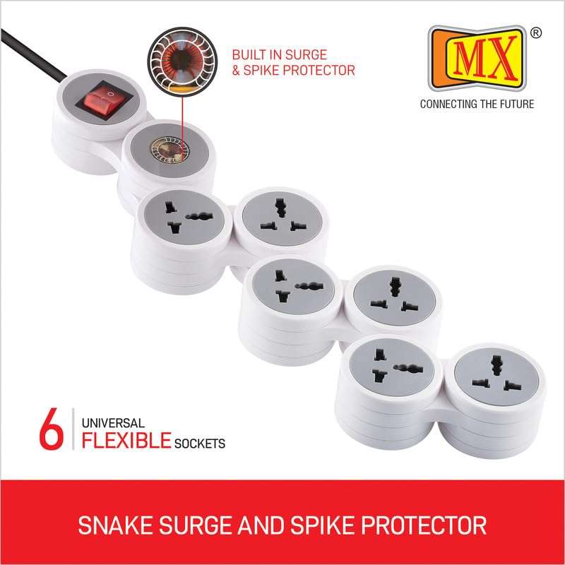 MX Extension Board with spike protector - 6 Universal Sockets, 15A/16A/20A Spike Guard, 10m Extension Cord, Illuminated Circuit Breaker Master Switch (3323_10mtr) 5