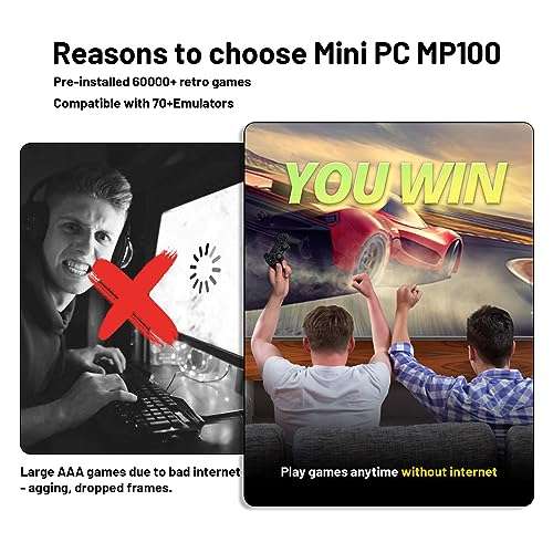 Mini PC Micro Computer Windows 11 - Mini Gaming PC MP100 Built in Retro Game 500G HDD,Intel N100 CPU(Up to 3.4GHz) 8G LPDDR5 RAM,256G M.2 SATA SSD ROM,MiniPC 4K Dual Screen Output,2.4G+5G,BT 4.0 4