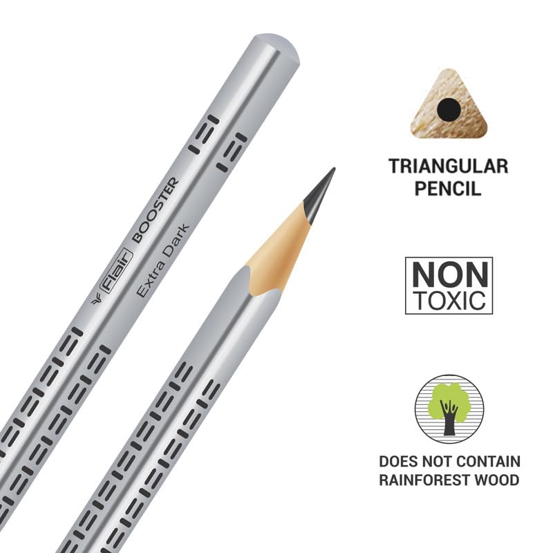 FLAIR Creative Series Booster 2B Extra Dark Graphite Triangular Pencil | Sharpener & Eraser Included in the Box | Pack Of 20 Pencils 6