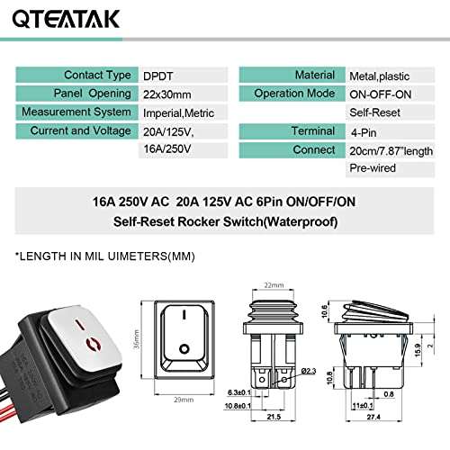 QTEATAK switches DPST AC/DC 20A-125V, 16A-250V, 30A-24V, 35A-12V, IP66 Waterproof on-Off, Glue Filled Waterproof, Kill Switch, Outdoor Electric Start Stop Pre-Wired Rocker Switch 4