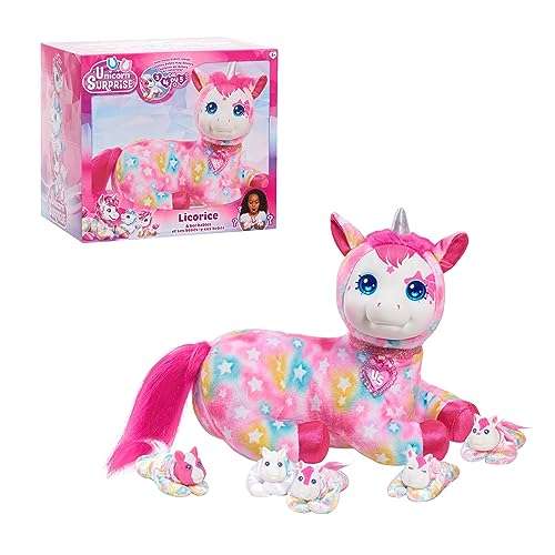 Unicorn Surprise 14-inch Licorice Stuffed Animal with Unicorn Babies, Star Pattern, Kids Toys for Ages 3 Up by Just Play 1