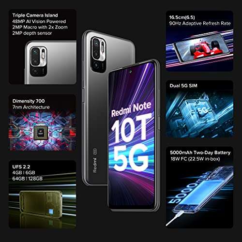 Redmi Note 10T 5G (Graphite Black, 6GB RAM, 128GB Storage) | Dual5G | 90Hz Adaptive Refresh Rate | MediaTek Dimensity 700 7nm Processor | 22.5W Charger included 2