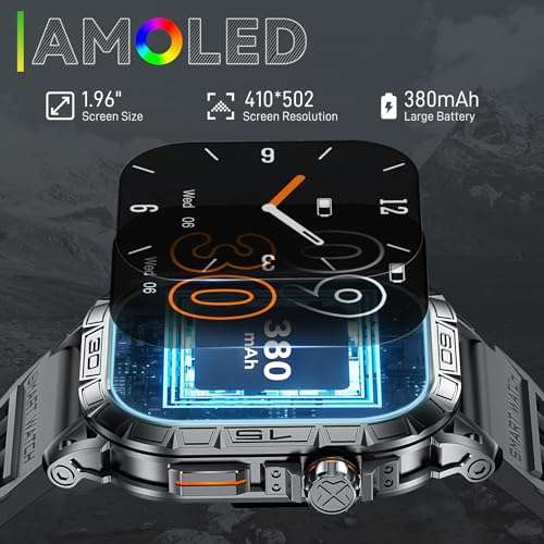 Military Smart Watch for Men with Compass(Answer/Dial Call) 1.96" AMOLED Always On Display Rugged Outdoor Tactical Smartwatch with Heart Rate Blood Pressure Sleep Monitor Fitness Watch for Android iOS 3