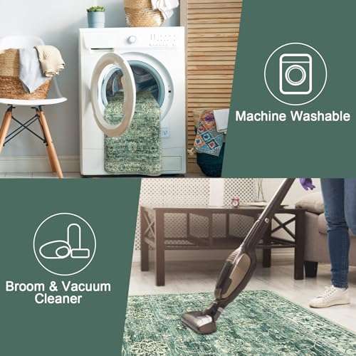 LIVEBOX Green Washable 2x6 Runner Rug for Entryway, Non Slip Kitchen Mats for Floor Bathroom, Vintage Indoor Front Door Mat Low-Pile Runners for Hallways Bath Laundry, Green 4