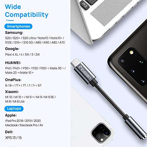 USB C to 3.5mm Headphone Jack Adapter, iNassen Type C to Aux Audio Dongle Cable Cord 384khz-32bit Hi-Res DAC for Pixel 4 3 2 XL, Samsung Galaxy S20 Ultra Z Flip S20+ Note 20 Note 10, iPad Pro(Grey) 3