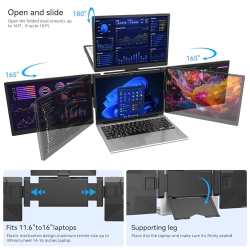 ADREAMER 13.3" Triple Screen Laptop Monitor Extender, Detachable 3 Screen Monitor for Laptop 11.6"-16", FHD 1200P IPS, Multi Screen Laptop Attachment, Compatible with Wins/MacOS(M1/M2/M3). 6