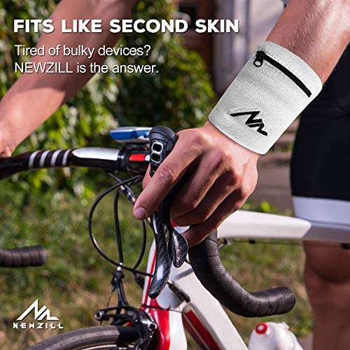 NEWZILL Wrist Wallet Wristband with Zipper - Cotton Sweatbands for Men & Women, Ideal for Sport, Running, Walking, Basketball, Football, Tennis, Hiking, Workout, and More Long White 6