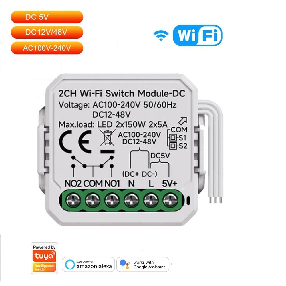 MHCOZY Tuya Smart Life app Dry Contact WiFi Relay Switch Module,2 Channel DC 5V 12/24V AC 100-240V,Compatible with Alexa Google Home 3