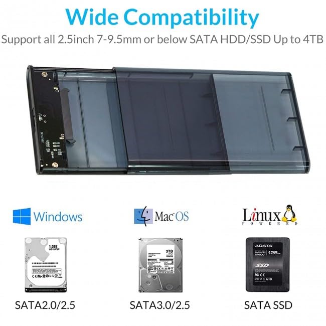 ULTRABYTES 2.5 inch Transparent USB 2.0 External Hard Drive Enclosure USB 2.0 Mini to SATA Hard Disk Box Hard Drive SSD/HDD (Transparent Black)(UB-BLK-2.0) 6