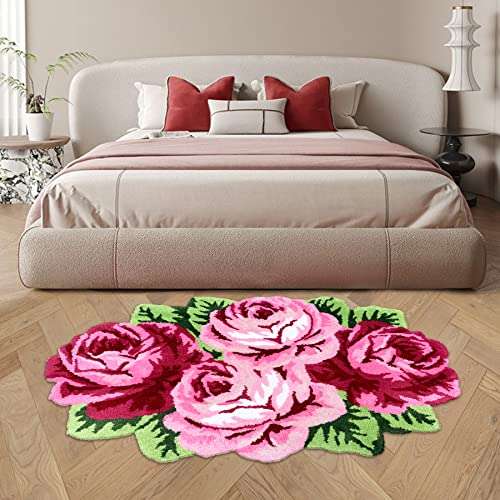 ABREEZE Rose Rug Pink Handmade Bathmat Floral Rug Girls Bedroom Rugs Washable Non-Slip Carpets Shaggy Bathroom Mat Machine Washable Living Room Area Rug, Non Slip Bath Mat, Luxury Bathroom Floor Mats 5