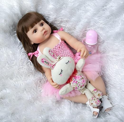 MIVEAS CARE Baby Reborn Toddler Baby Dolls Silicone Full Body Girl 22 inch Long Hair Anatomically Correct Waterproof Dolls Reborn Pink Dress Birthday Gift 6