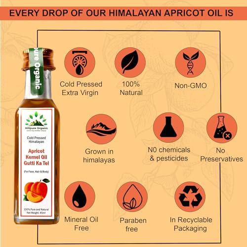 Hillpure Organic Cold Pressed Himalayan Apricot kernel oil-100% pure and natural, undiluted, for skin, moisturization, anti aging, healthy scalp and hair, Pahadi local Oil For Dry Skin (65 ml, Glass Bottle) 2