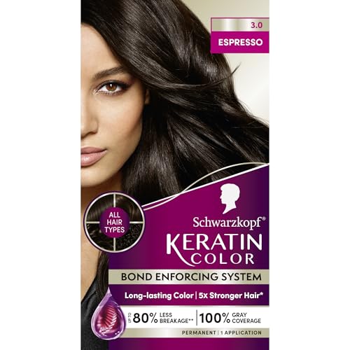 Schwarzkopf Keratin Permanent Hair Dye Cream, 3.0 Espresso, Professional Quality Color for Up to 100% Gray Coverage, Bond Enforcing System 1