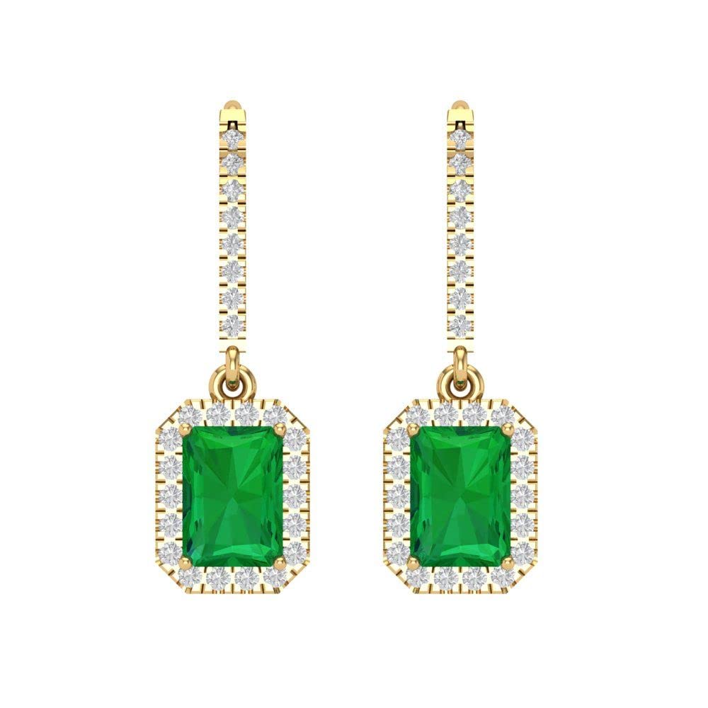 Clara Pucci 5.8 Carat Brilliant Emerald Cut Halo Drop Dangle Simulated Emerald 14k Yellow Gold Designer Earrings Lever Back 4