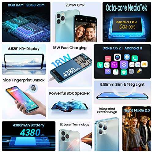 Unlocked Cell Phone, Blackview A95, 8GB+128GB/SD 1TB Expandable, 4G Dual SIM Unlocked Phones Android 11 Unlocked Smartphone, 18W Fast Charge 4380mAh Battery, 20MP+8MP Camera, 6.528" HD T-Mobile Phones 2