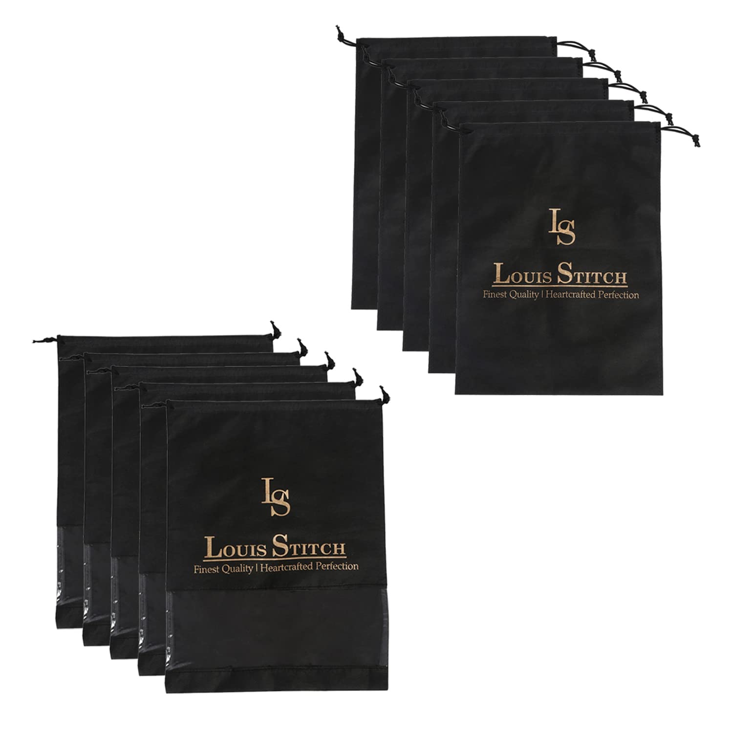 LOUIS STITCH Non-Woven Shoe Bag Travel Accessories Shoes Storage Cover Waterproof String Bag's Organizer Combo for Men Women Unisex (Pack of 10) (Black Plain & See-Thru) 1
