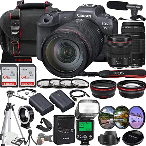 Canon EOS R5 Mirrorless Camera w/RF 24-105mm f/4 L is USM Lens + EF 75-300mm f/4-5.6 III Lens + 2X 64GB Memory + Microphone + Filters + TTL Flash + More (35pc Bundle) 1