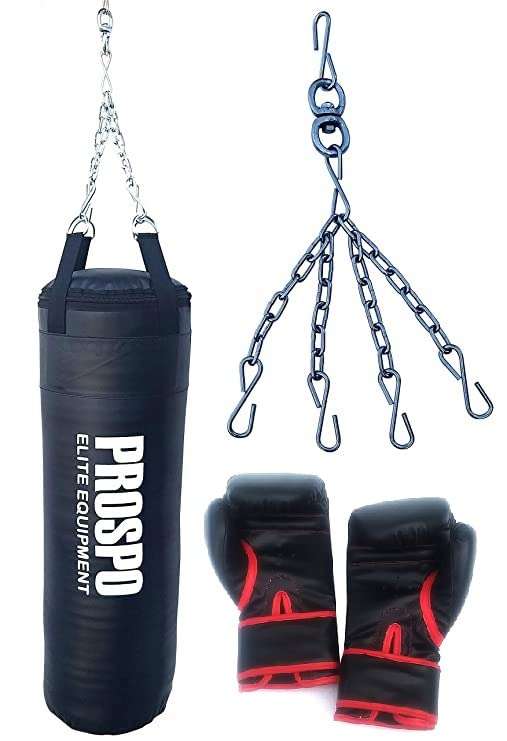 Prospo Punching Bag, Boxing Bag, Rough Srf Punching Bag (36inch) Unfilled with Super Strong Hanging Chain and Glove (12oz), Boxing Kit for unisex, Heavy Punching Bag , Boxing Bag , MMA Punching Bag, with Chain, 3 Ft Unfilled Extra Strong bag, with chain and Glove (12oz) Black 2