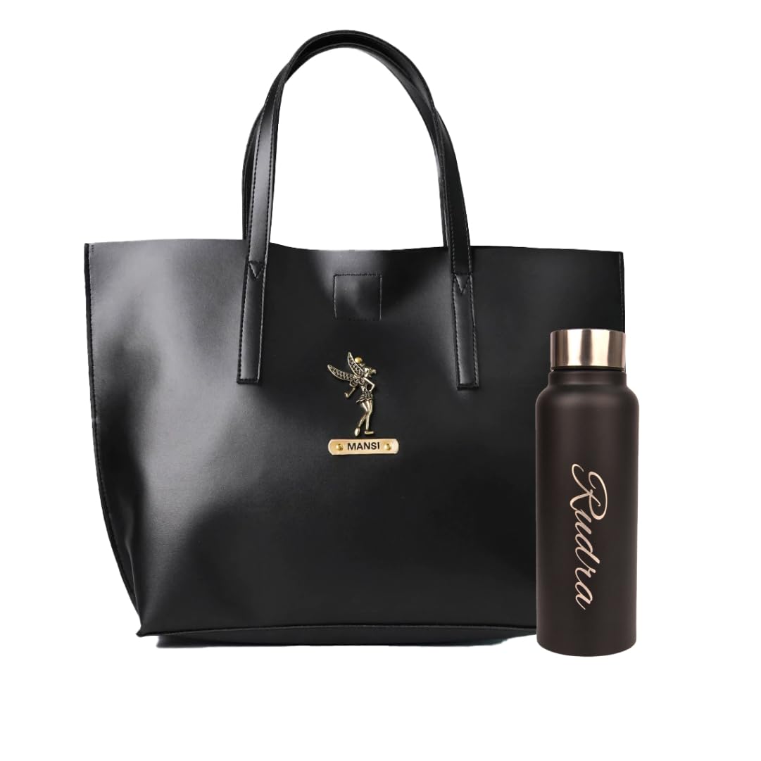 YOUR GIFT STUDIO Personalized Ladies Combo Leather Tote Bag and More | Women's Shoulder Bag | Customized with Name and Charm (Black) 1