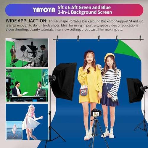 Blue Green Screen Backdrop with Stand Kit, 5 x 6.5 ft Portable Chromakey Blue Green Screen Stand with T-Shaped Stand & Carrying Bag & 5 Clamps, Greenscreen Background with Stand for Streaming, Gaming 6