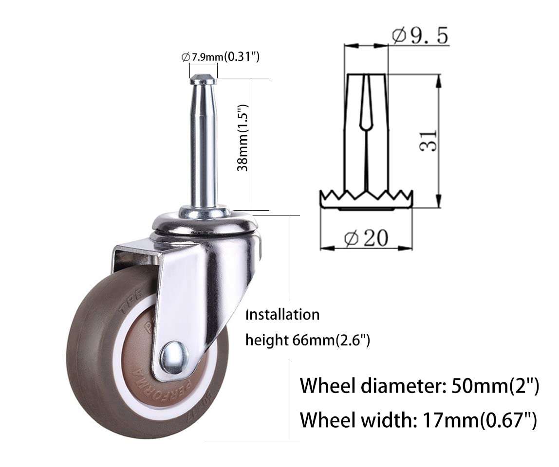 NERILEE 2 Inch Rubber Caster Wheel Set of 4 with 5/16" x 1-1/2"" (8 x 38mm) Stem and 20mm Dia Sockets, for Furniture Crib Trolley Dining Car Casters 4