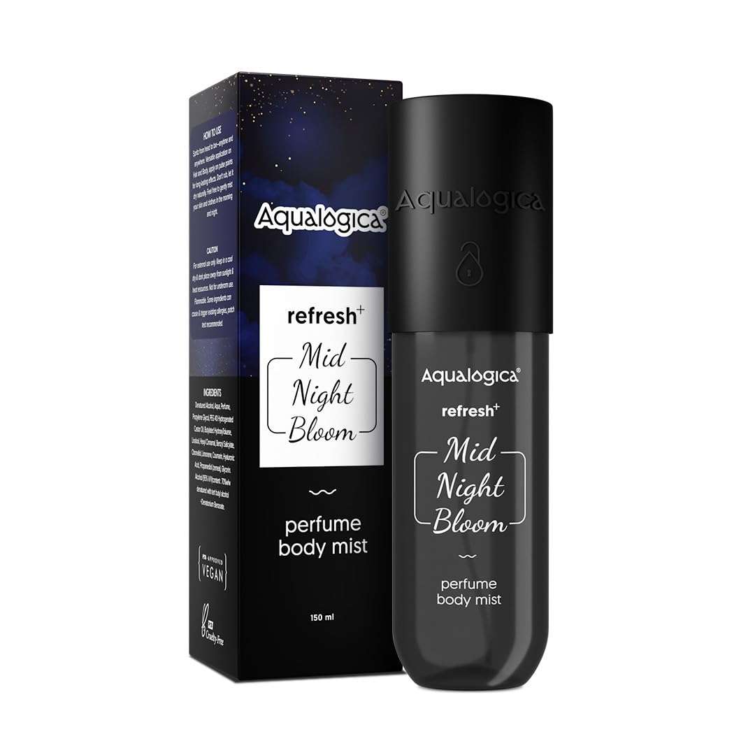 Aqualogica Refresh+ Mid Night Bloom Perfume Body Mist - 150 ml | Dark & Sensual Notes of Raspberry & Amber | Long- Lasting Fragrance | Non-Irritating & Hydrating | Skin Friendly | Infused with Zemea & Hyaluronic Acid 1