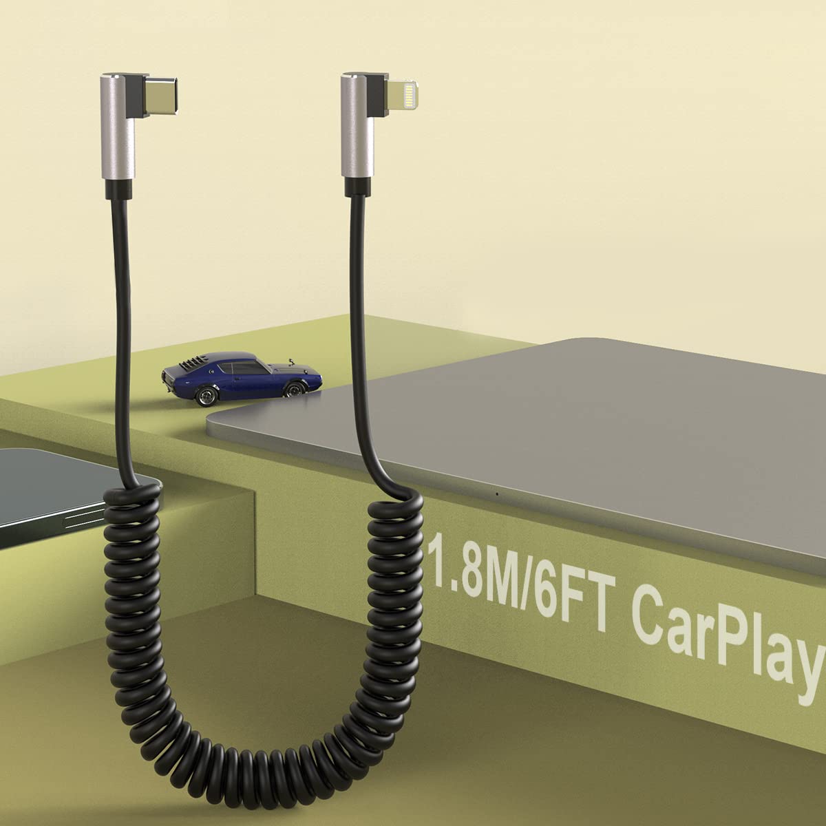 CarPlay Right Angle USB C to Lightning Coiled Coiled Charging Cable，90 Degree Elbow Apple Fast Charge Sync Data Spring Retractable Cord Adapter for iPhone 14/13/12/11/SE/Xs/Xr/8/iPad-4FT 1