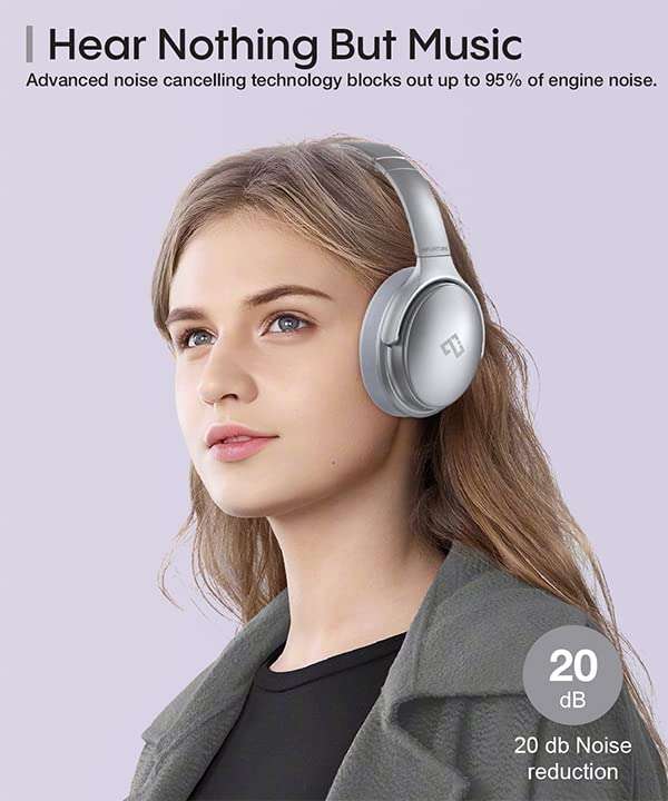 INFURTURE Active Noise Cancelling Headphones, H1 Wireless Over Ear Bluetooth Headphones, Deep Bass Headset, Low Latency, Memory Foam Ear Cups,40H Playtime (Silver) 2