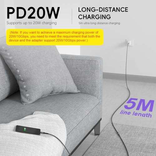 Verilux® USB C Extension Cable 5M/16.4Ft, PD 20W Type C Male to Female Support Fast Charging, Type C Cable Fast Charging Compatible for iPhone 17/17 Pro/17 Pro Max/16/15, MacBook, iPad 3