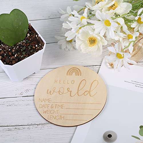 Wooden Baby Announcement Sign, Birth Announcement Sign Round Wooden Newborn Welcome Sign Hello World New Baby Name Announcement Sign for Girl Boy Photo Prop Baby Shower Nursery Hospital 3