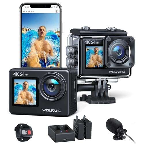 WOLFANG GA200 24MP 4K Action Camera 40M Waterproof Underwater Camera for Snorkeling, EIS WiFi Adjustable Wide Angle Dual Screen Camera for Vlog, Webcam(Charger, Remote Control and Helmet Accessories) 1