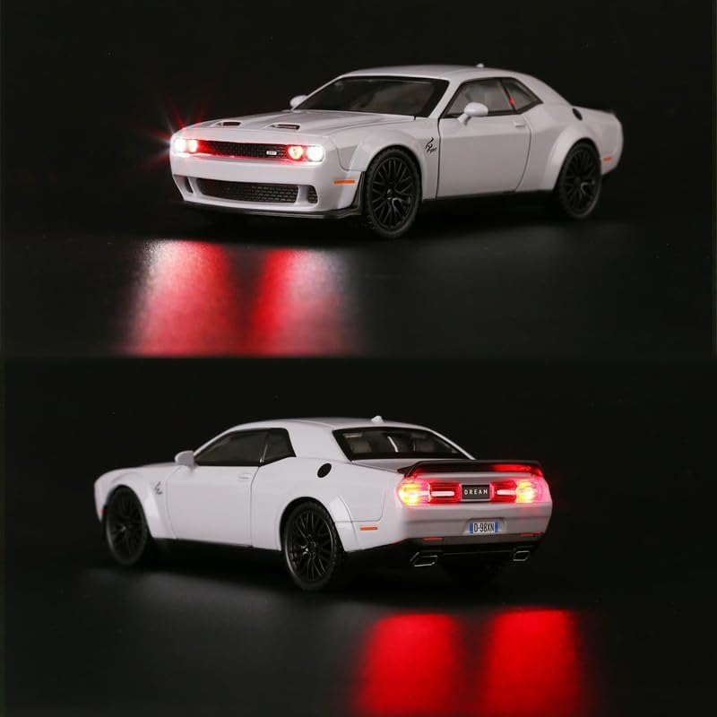 RJKD New 1:24 Dodge Challenger Alloy Die-Cast Metal Car Pull-Back Action with Openable Doors Realistic Sound and Light Effects Car for Kids - White 5