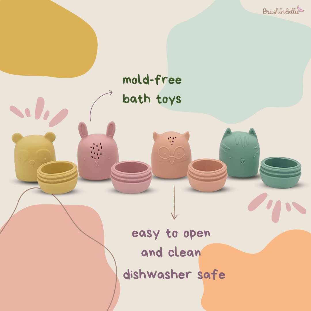 BrushinBella Silicone Bath Toys 4-Pack - Cleanable Silicone Toys with Montessori Stackable Cups - Baby Bath Toys - Dishwasher-Safe Bath Toys - Toddler Tub Toys - Baby Bath Essentials 5