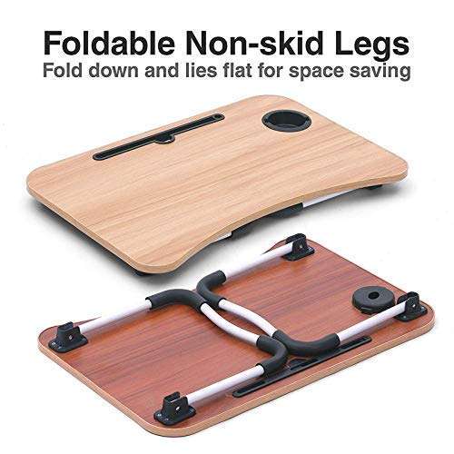 DKEXL Foldable Wooden Laptop Bed Tray Table,Foldable Non-Slip Legs Reading Table, Multifunction Lap Tablet Desk with Cup Holder (Brown) 4