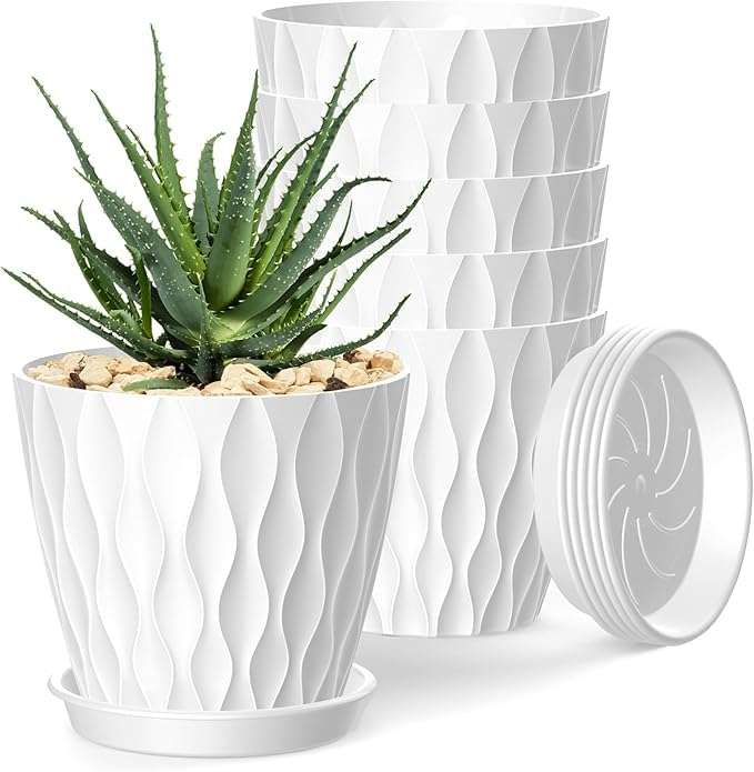 StyleX Store Plastic 6.2 inch Plant Pots with Drainage Holes and Tray Saucers | Flower Pots for Home Planters, Terrace, Balcony Dcor, Home Indoor and Outdoor Gardening Plants, Pack of 5 (White) 1