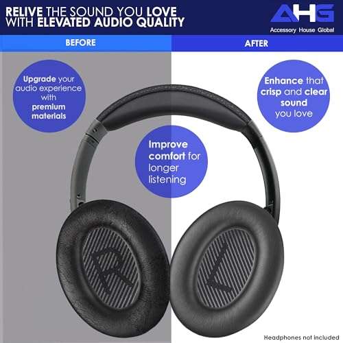 AHG Accessory House Global qc Replacement Ear Pads Cushions Compatible with Bose QuietComfort 35 II / QC35, QCSE, QCSC and QC45 Wireless Headphones (Black) - Premium Material | Extra Thick | Durable 3
