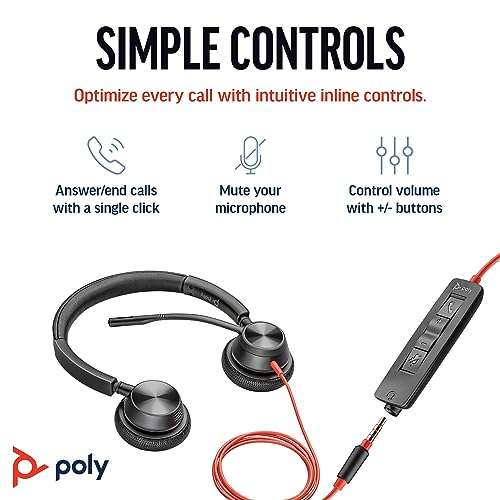 Poly Blackwire 3325 Wired Headset (Plantronics) – Flexible Microphone Boom – Hi-fi Stereo - Connect to PC/Mac/Mobile via USB-C, USB-A, or 3.5 mm - Works with Teams, Zoom - Amazon Exclusive 3