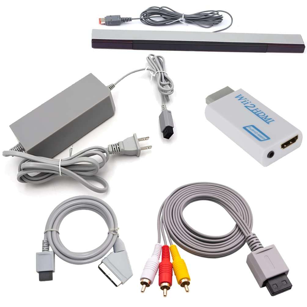 VANJUNN 5 Pack Cables Set for Wii, Replacement Wired Motion Sensor Bar, Power Supply Adapter, hdmi Converter, 3RCA Video Cable and RGB Scart Cable for Nintendo Wii (5 in 1 Pack) 1