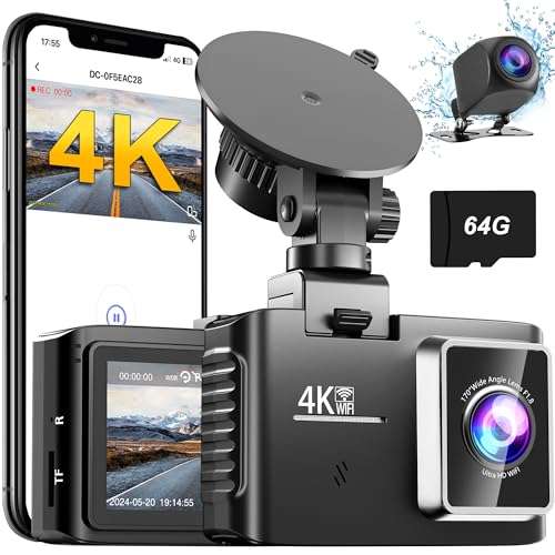 Beautlife Dash Cam Front and Rear, 4K/2.5K 30fps Dash Camera for Cars with 5GHz WiFi, 64GB SD Card, 2’’ IPS Screen, Night Vision, 170°Wide Angle, Loop Recording, G-Sensor, Parking Monitor, Black 1