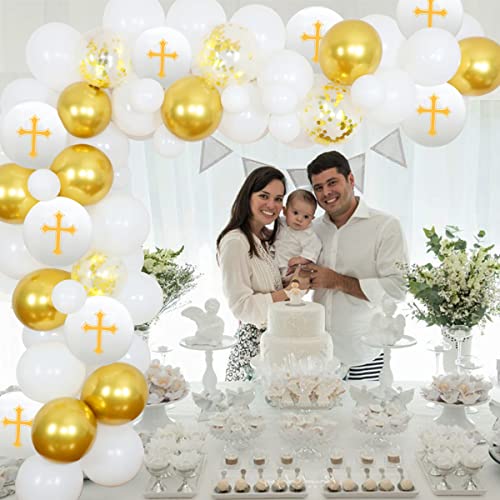 Funmemoir Baptism Party Decorations White And Gold First Holy Communion Decorations For Boys Girls Balloon Garland Kit With Rustic Wood Backdrop, God Bless Christening Decorations For Party 4