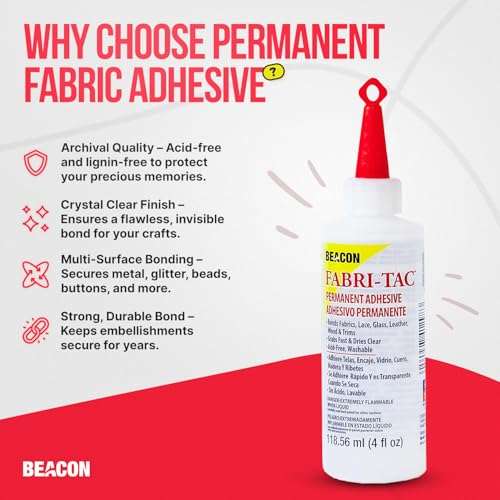 BEACON Fabri-Tac Premium Fabric Glue - Quick Drying, Crystal Clear, Permanent - for Fabrics, Canvas, Lace, Wood and More, 4-Ounce 2