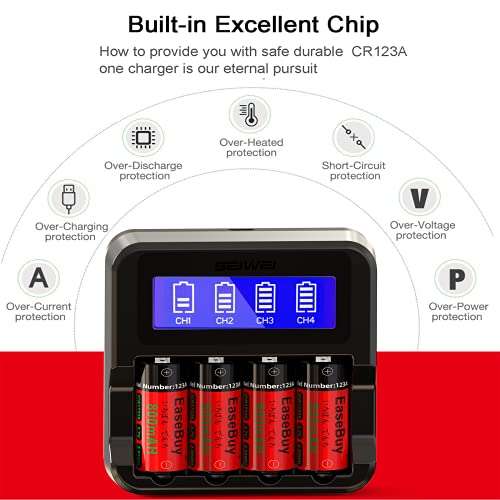 EaseBuy 8-Pack 800mAH 123A Rechargeable Batteries and CR123A Charger Compatible with Arlo VMS3130 VMC3030 VMK3200 VMS3330 3430 3530 Cameras, Flashlight 4