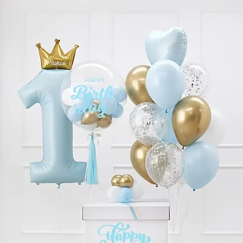 Atpata Funky Jumbo Number 1 Balloon with Crown for Baby 1st Birthday – 24pcs Complete Balloon Set with Bobo, Heart & Confetti Balloons for Prince Princess Theme Party Decoration (Blue) 1