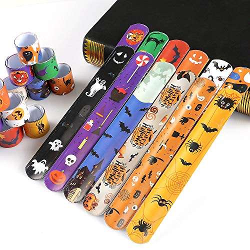 48 PCS Halloween Slap Bracelets for Kids Snap Bracelets Bulk with Spider Pumpkin Ghost Animal Print Craft Halloween Party Favors Birthday Gifts 6