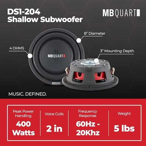 MB Quart 400 Watt Max 200 Watt RMS Shallow Subwoofer, Slim Car & Powersports Speaker, Discus 4