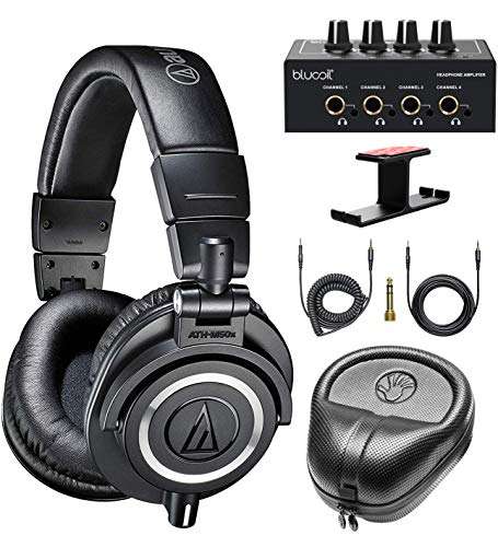 Audio-Technica ATH-M50x Professional Studio Monitor Headphones (Black) Bundle with Blucoil 4-Channel Headphone Amplifier, Aluminum Headphone Hook, and Slappa Full-Sized HardBody Pro Headphone Case 1